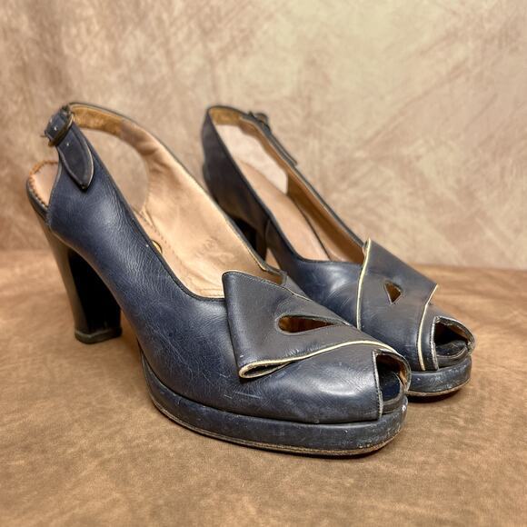 Vintage 40s Gold Cross Shoe Pumps Blue Heels Decorative Wrap Blue Open Toe Retro - Picture 1 of 13